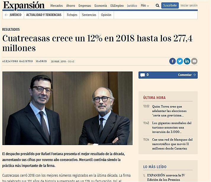 Cuatrecasas crece un 12% en 2018 hasta los 277,4 millones